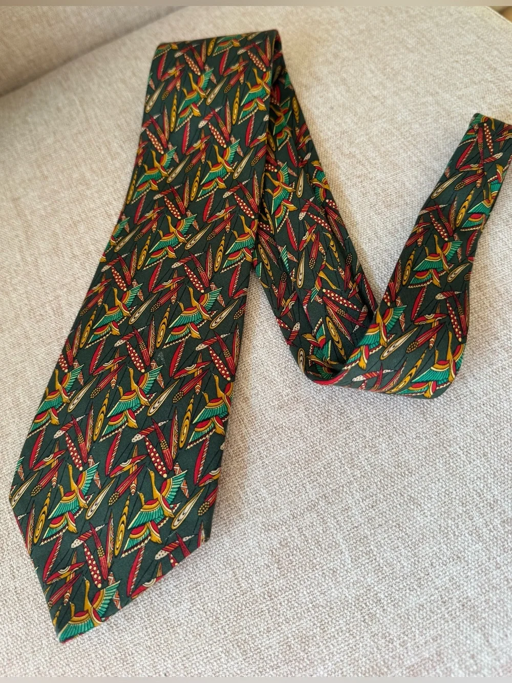 Salvatore Ferragamo Silk Tie Green Crane Bird Print Vintage